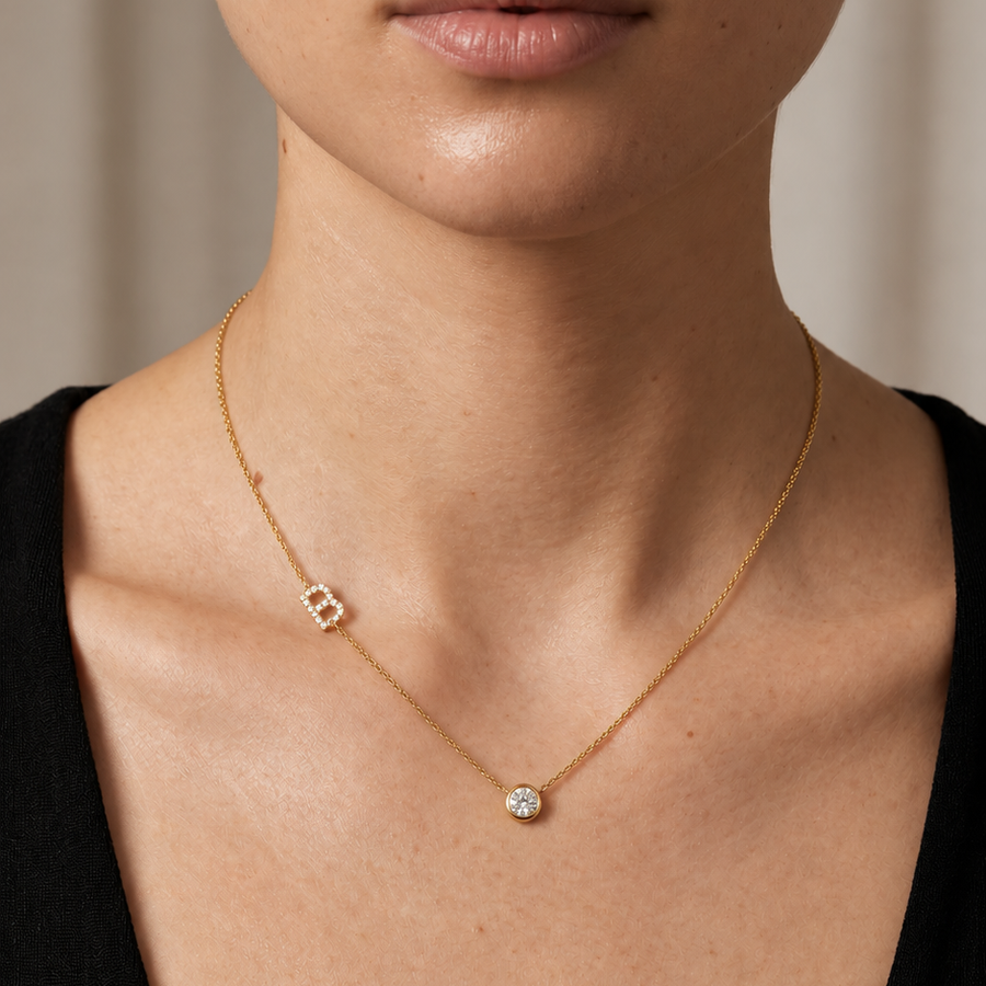 Pavé Diamond Initial Necklace in 18K Gold, view 1 | JJ Jewelry Miami