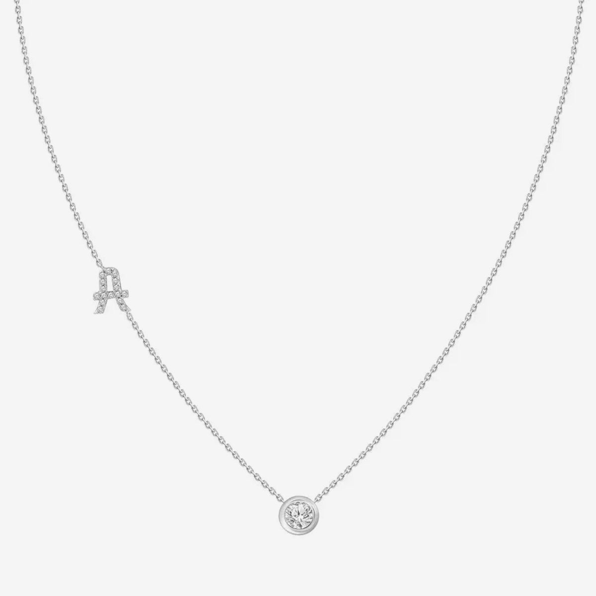 Pavé Diamond Initial Necklace, Letter A, in 18K White Gold, gray background | JJ Jewelry Miami