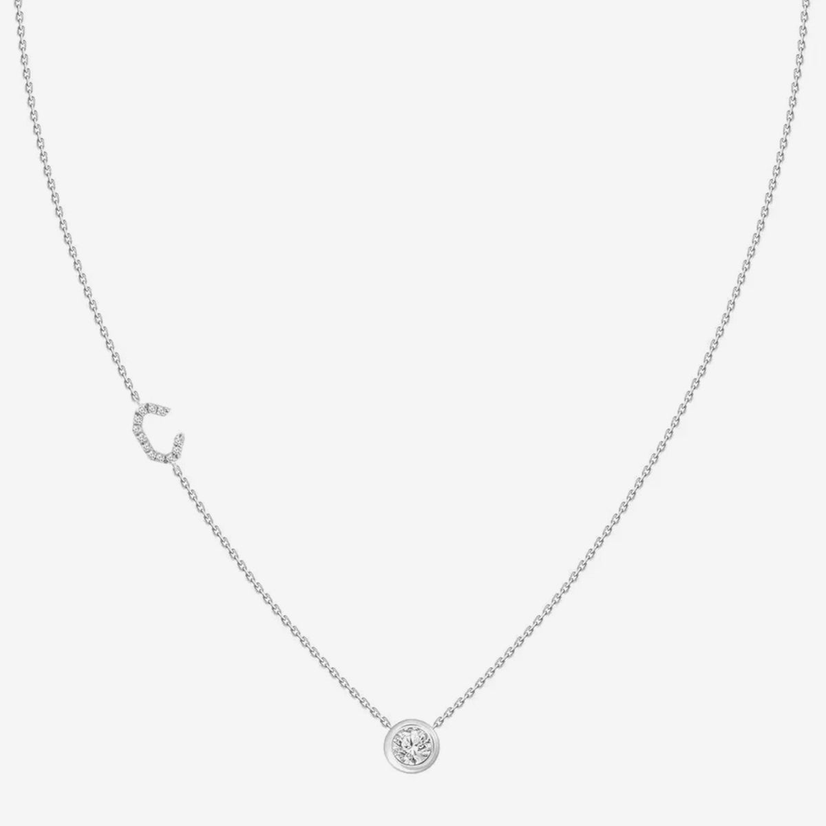 Pavé Diamond Initial Necklace, Letter C, in 18K White Gold, gray background | JJ Jewelry Miami