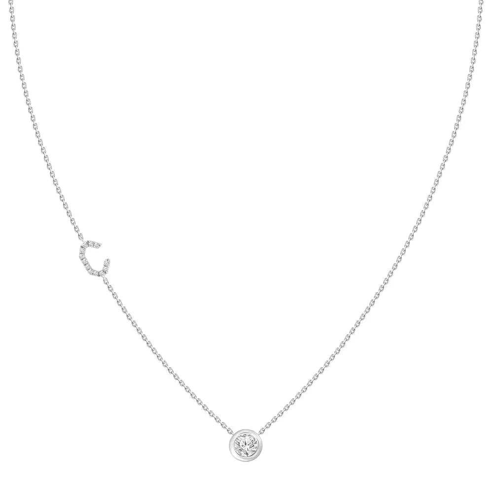 Pavé Diamond Initial Necklace, Letter C, in 18K White Gold | JJ Jewelry Miami