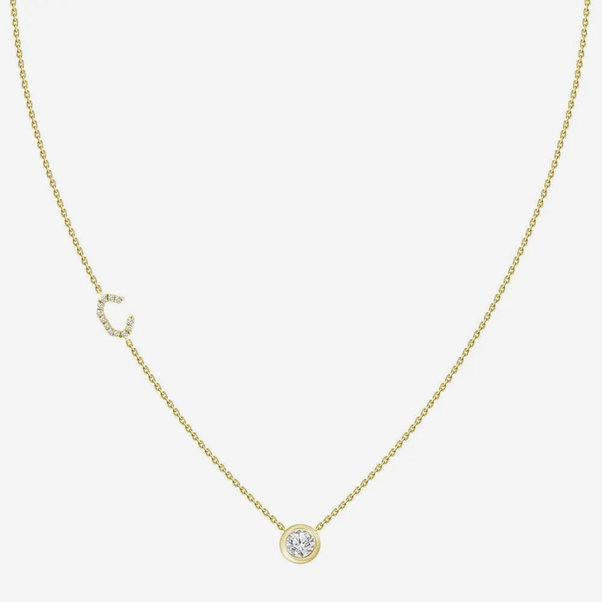 Pavé Diamond Initial Necklace, Letter C, in 18K Yellow Gold, gray background | JJ Jewelry Miami