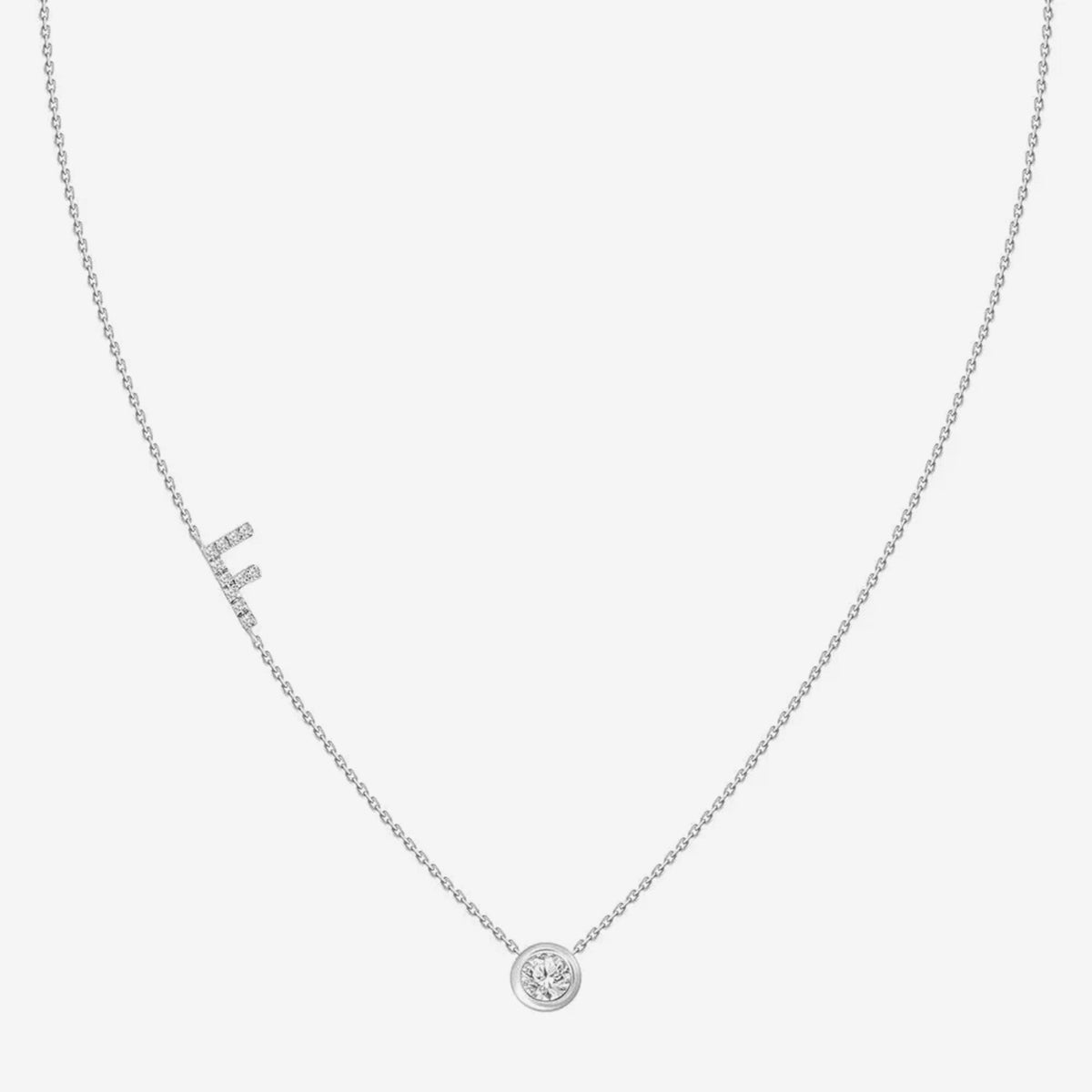 Pavé Diamond Initial Necklace, Letter F, in 18K White Gold, gray background | JJ Jewelry Miami