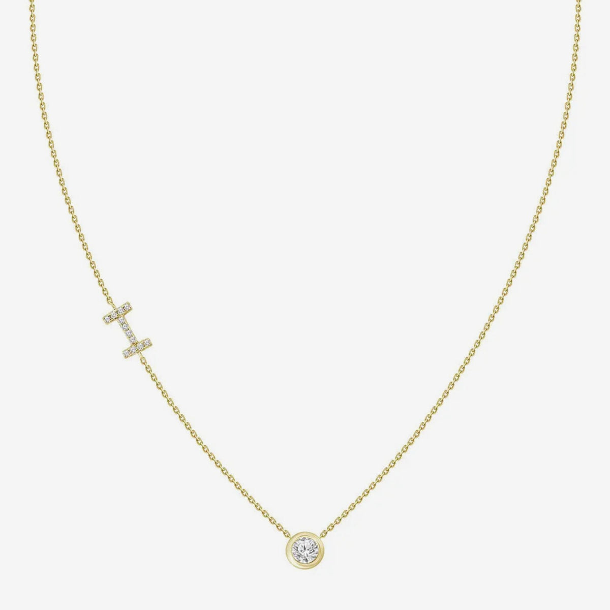 Pavé Diamond Initial Necklace, Letter I, in 18K Yellow Gold, gray background | JJ Jewelry Miami