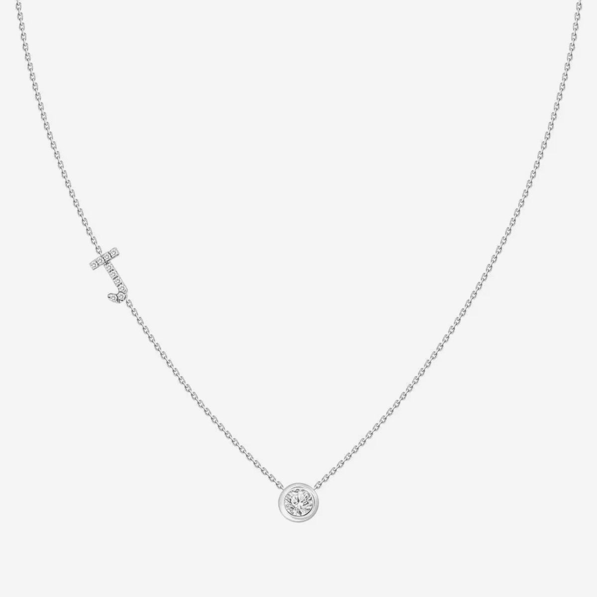 Pavé Diamond Initial Necklace, Letter J, in 18K White Gold, gray background | JJ Jewelry Miami