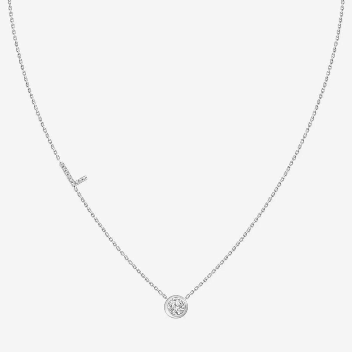 Pavé Diamond Initial Necklace, Letter L, in 18K White Gold, gray background | JJ Jewelry Miami