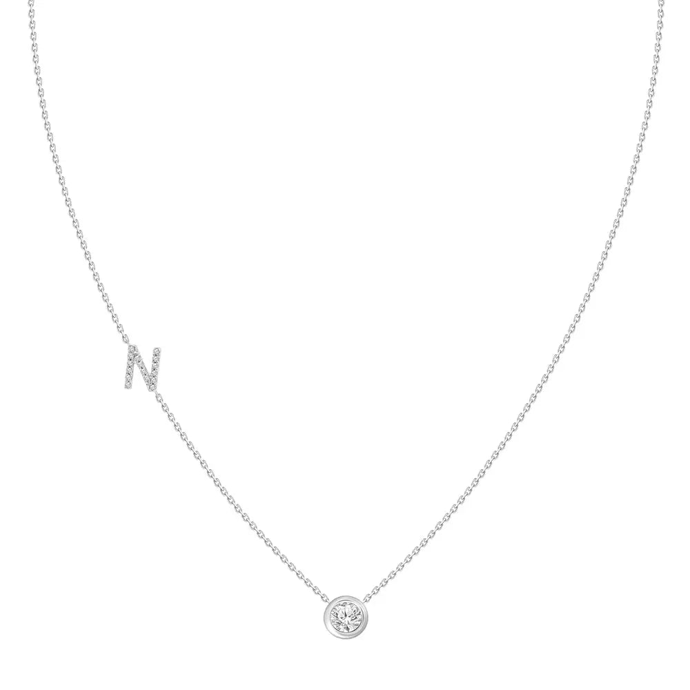 Pavé Diamond Initial Necklace, Letter N, in 18K White Gold | JJ Jewelry Miami