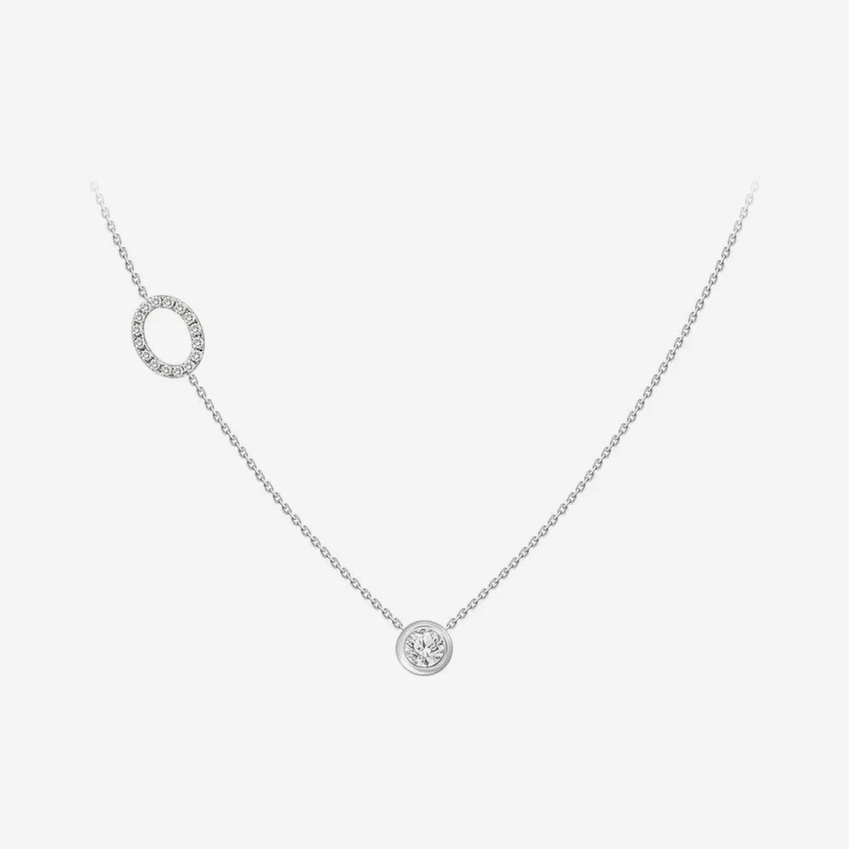 Pavé Diamond Initial Necklace, Letter O, in 18K White Gold, gray background | JJ Jewelry Miami