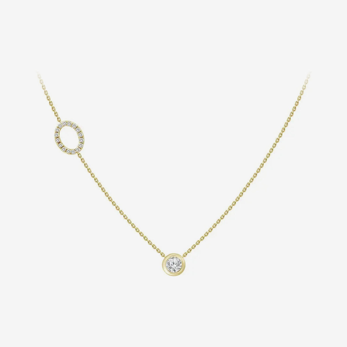 Pavé Diamond Initial Necklace, Letter O, in 18K Yellow Gold, gray background | JJ Jewelry Miami