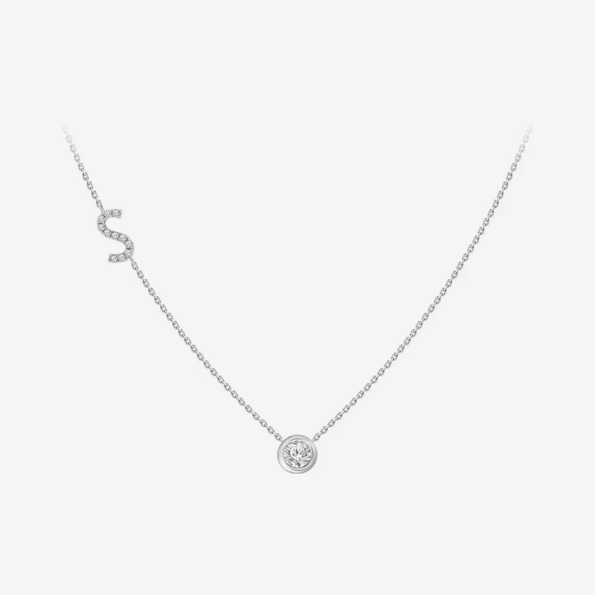 Pavé Diamond Initial Necklace, Letter S, in 18K White Gold, gray background | JJ Jewelry Miami