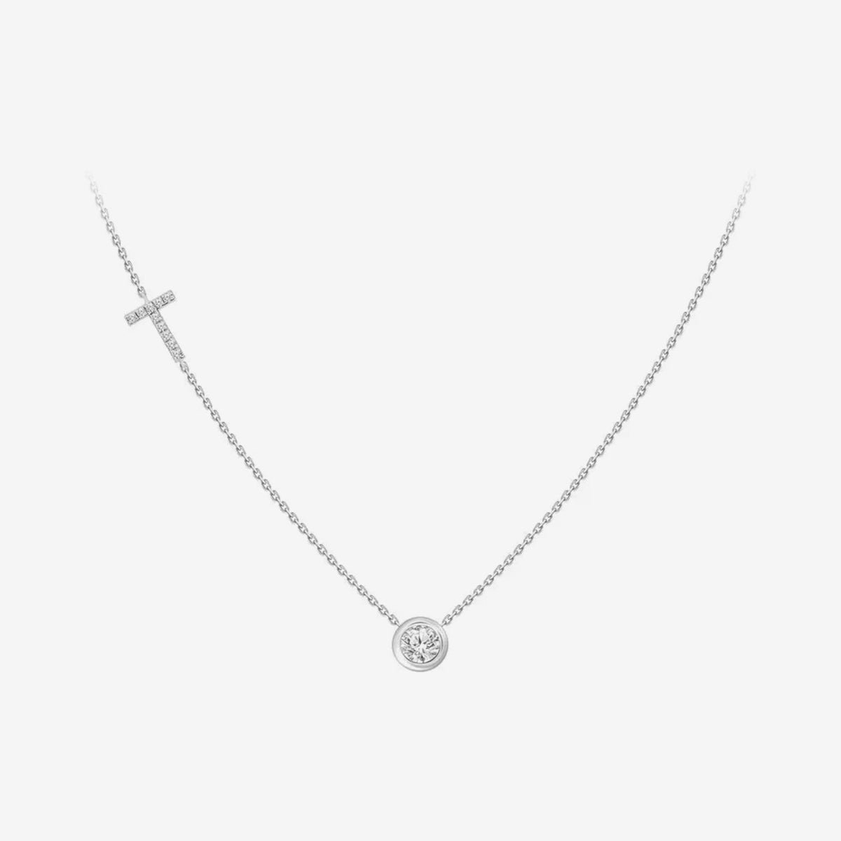Pavé Diamond Initial Necklace, Letter T, in 18K White Gold, gray background | JJ Jewelry Miami