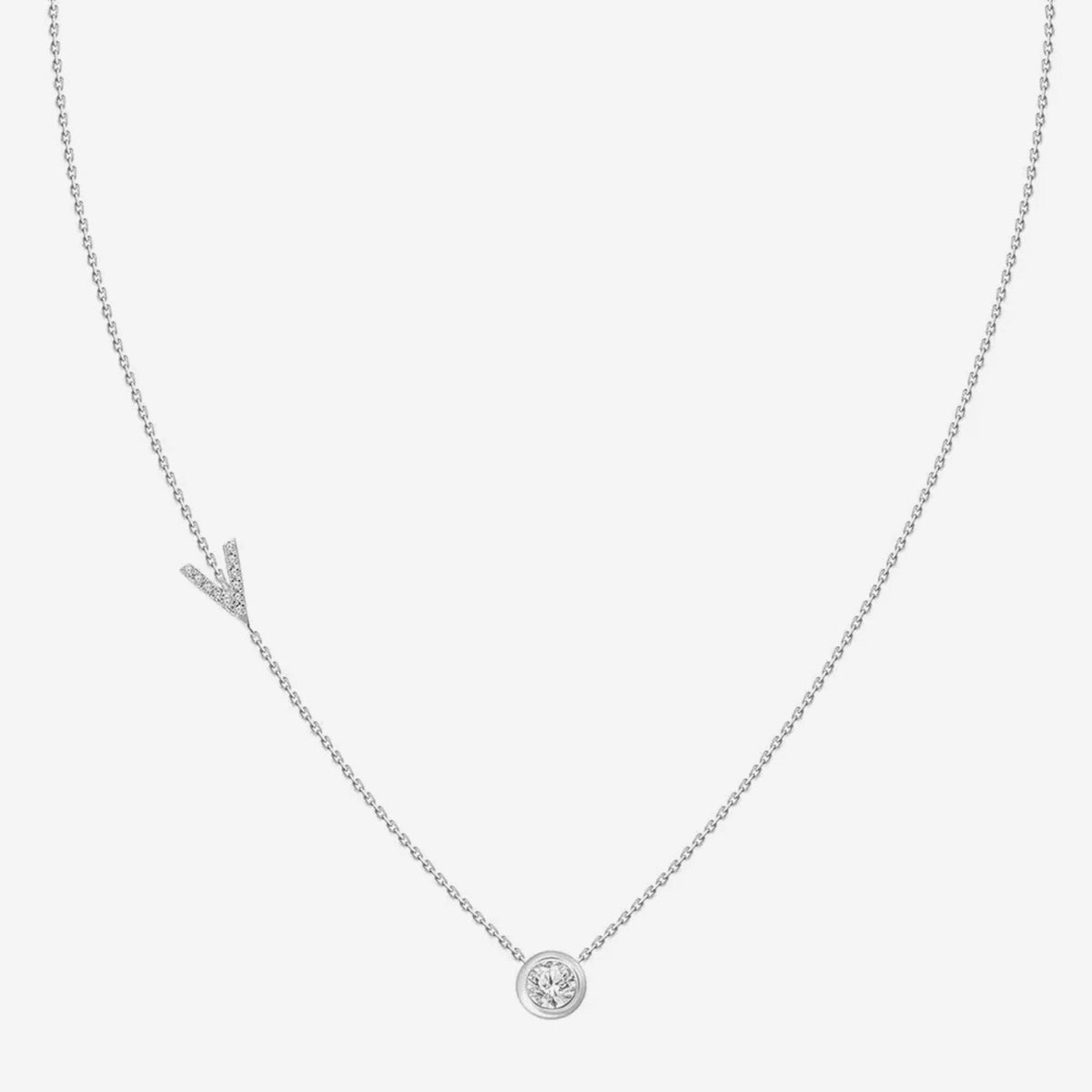 Pavé Diamond Initial Necklace, Letter V, in 18K White Gold, gray background | JJ Jewelry Miami