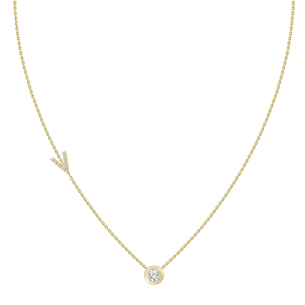 Pavé Diamond Initial Necklace, Letter V, in 18K Yellow Gold | JJ Jewelry Miami