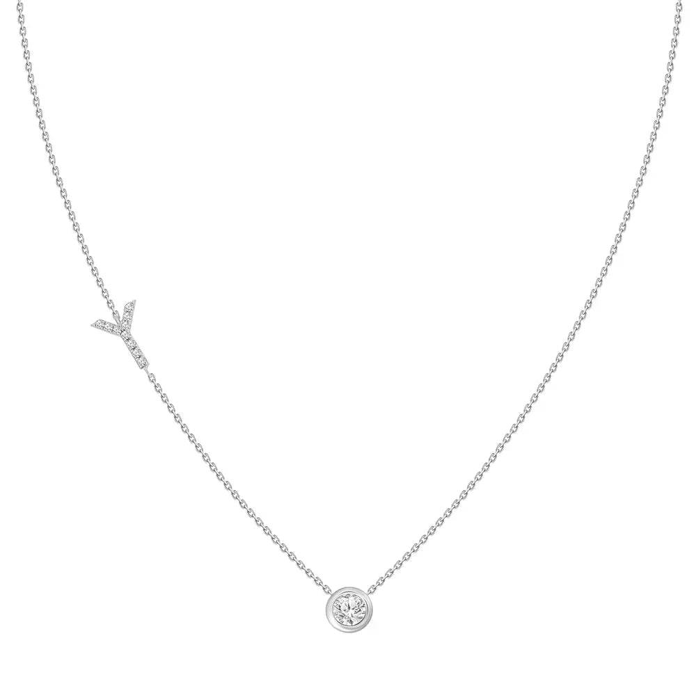 Pavé Diamond Initial Necklace, Letter Y, in 18K White Gold | JJ Jewelry Miami
