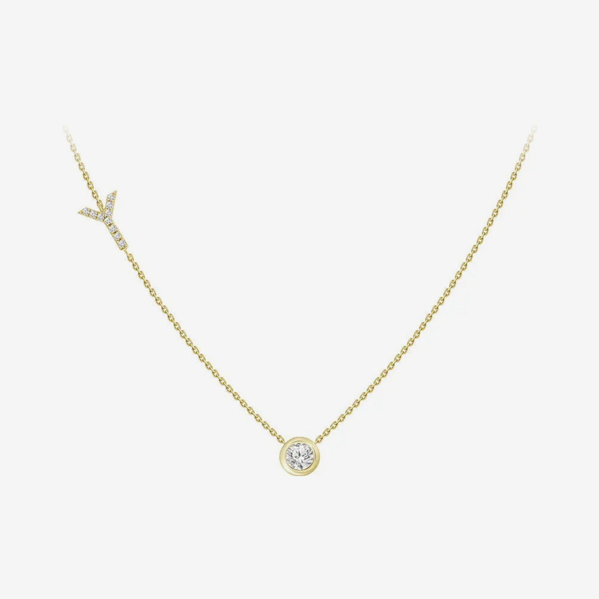 Pavé Diamond Initial Necklace, Letter Y, in 18K Yellow Gold, gray background | JJ Jewelry Miami