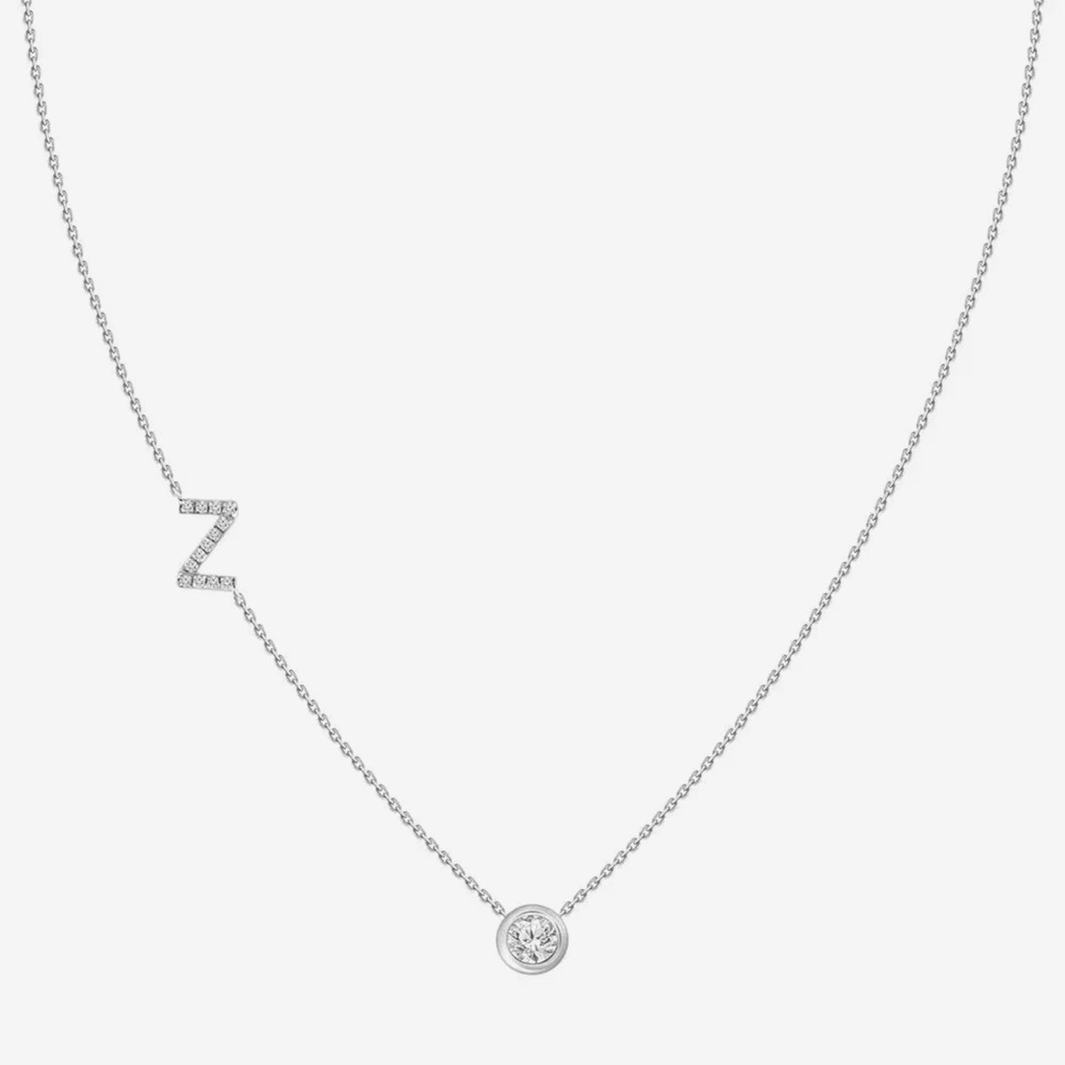Pavé Diamond Initial Necklace, Letter Z, in 18K White Gold, gray background | JJ Jewelry Miami