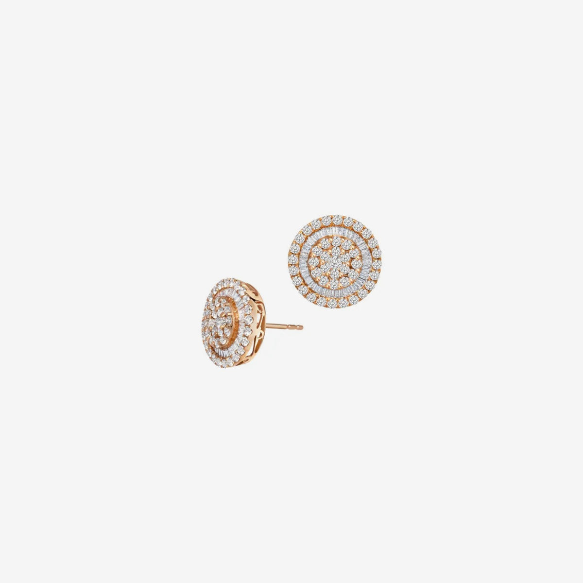 Pavé Diamond Stud Earrings in 18K Rose Gold, gray background | JJ Jewelry Miami