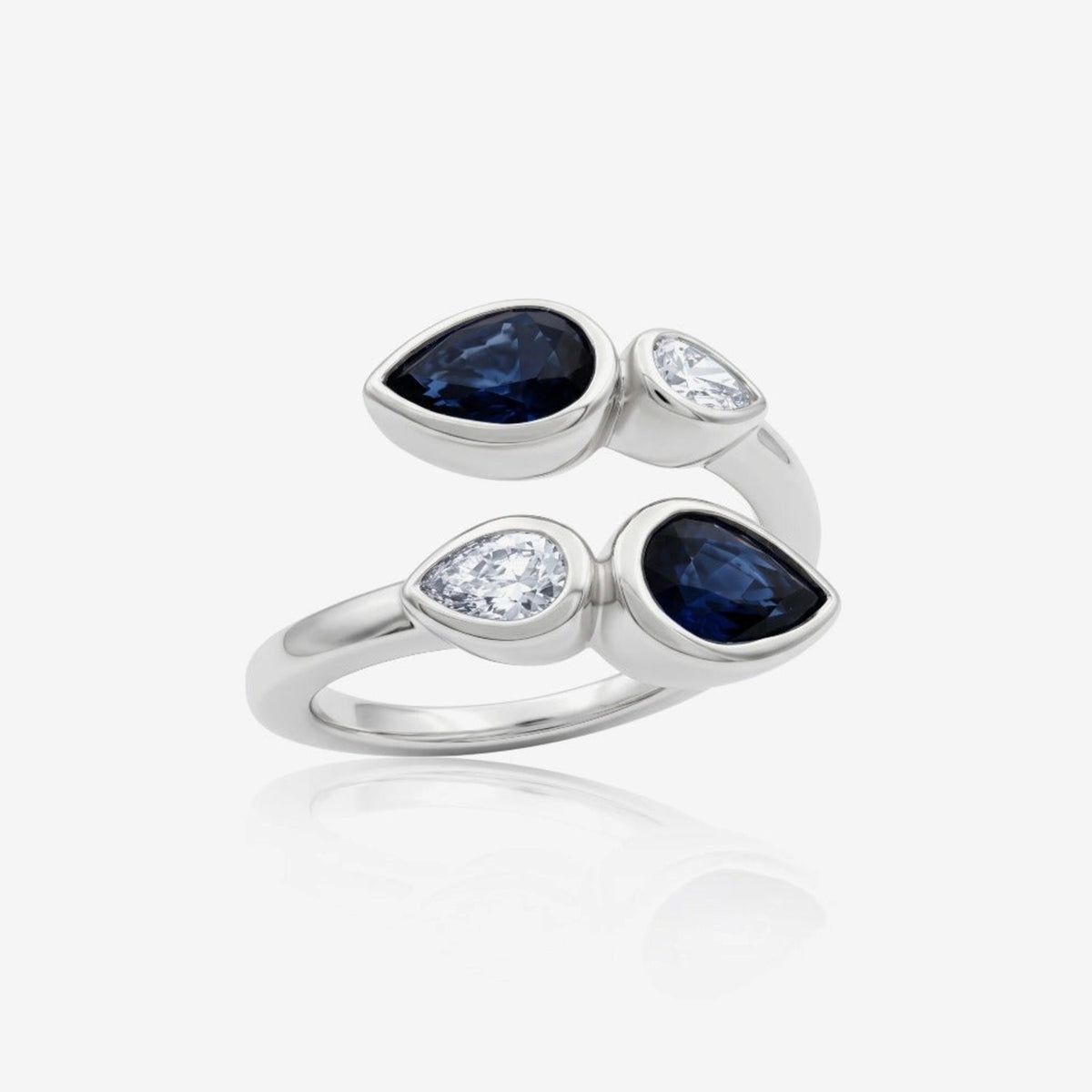 Pear Blue Sapphire and Diamond Open Ring in 14K White Gold | JJ Jewelry