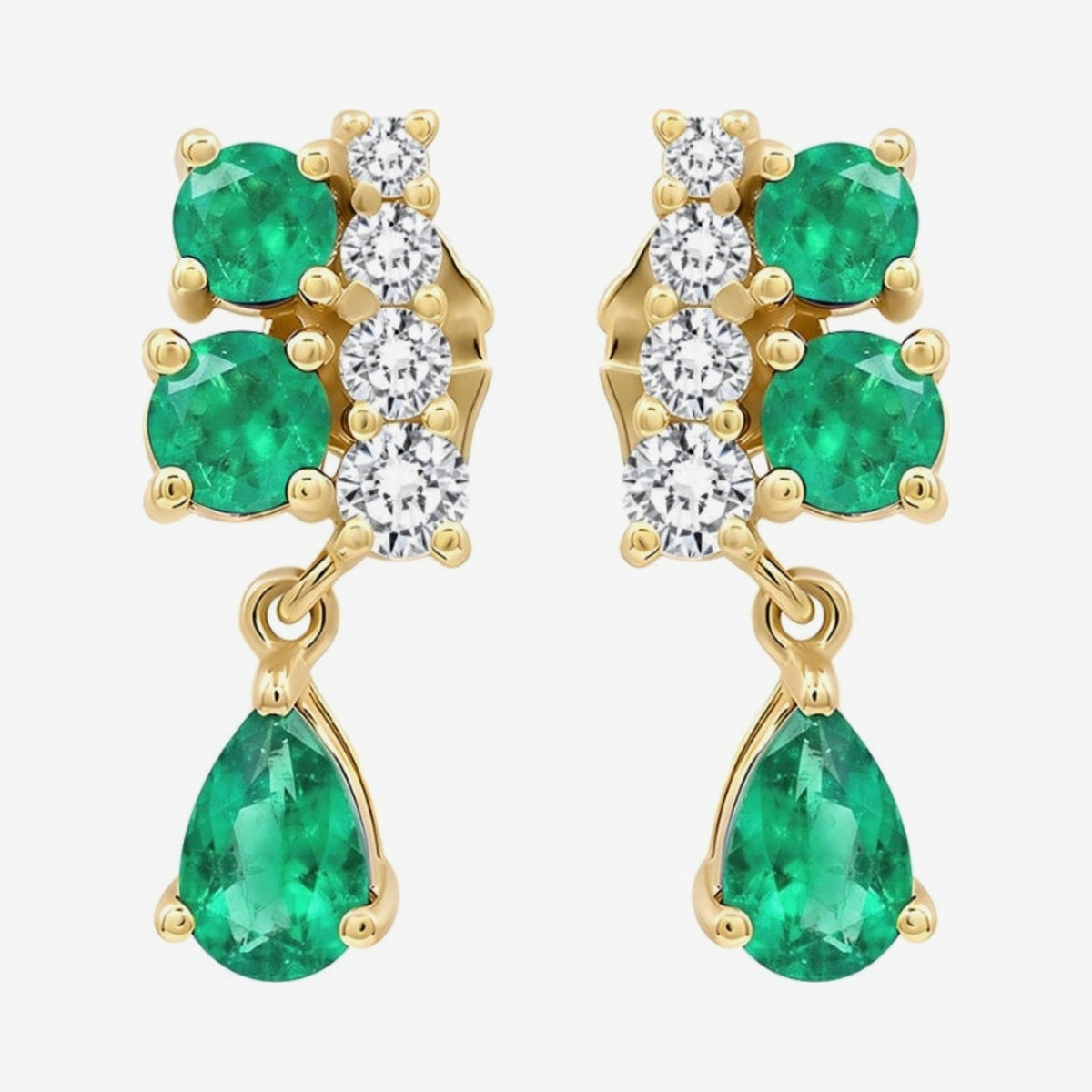 Pear-Cut Gemstone Drop Earrings in 14K Yellow Gold with Emerald, gray background | JJ Jewelry Miami