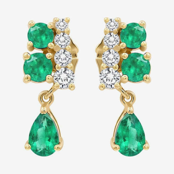 Pear-Cut Gemstone Drop Earrings in 14K Yellow Gold with Emerald, gray background | JJ Jewelry Miami