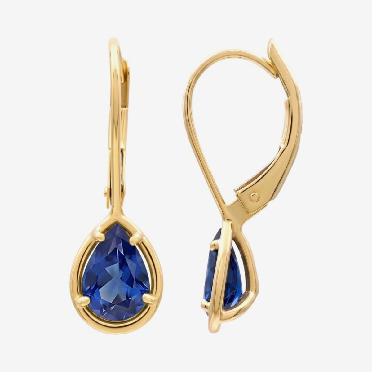 Pear Gemstone Leverback Earrings in 14K Yellow Gold with Blue Sapphire, gray background | JJ Jewelry Miami