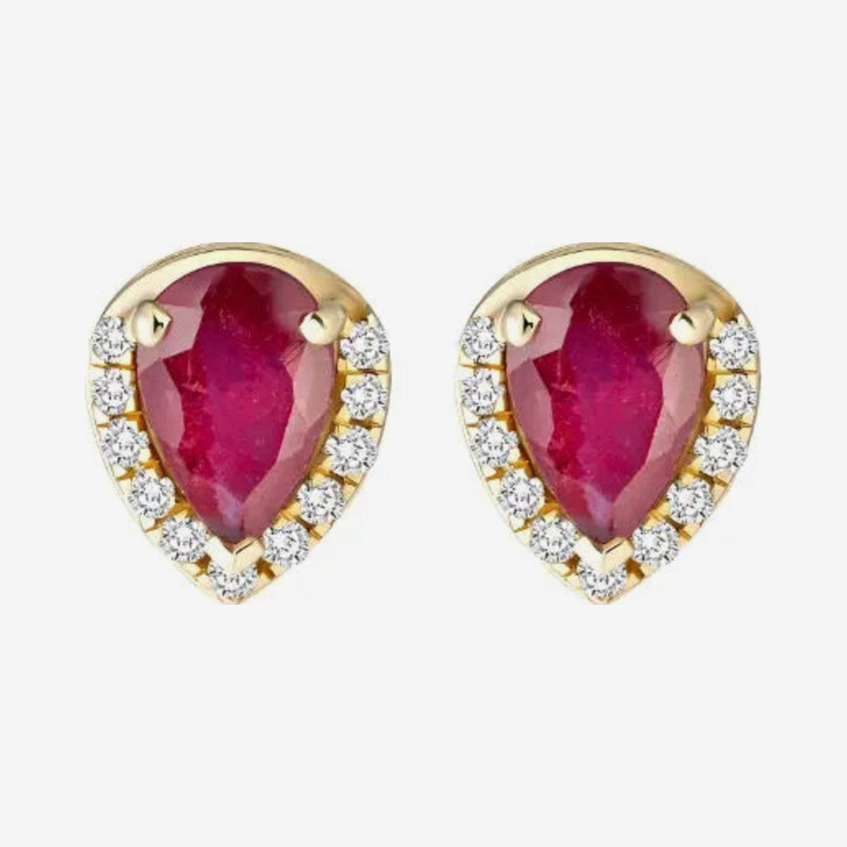 Pear Ruby and Diamond Halo Stud Earrings in 18K Yellow Gold, gray background | JJ Jewelry Miami