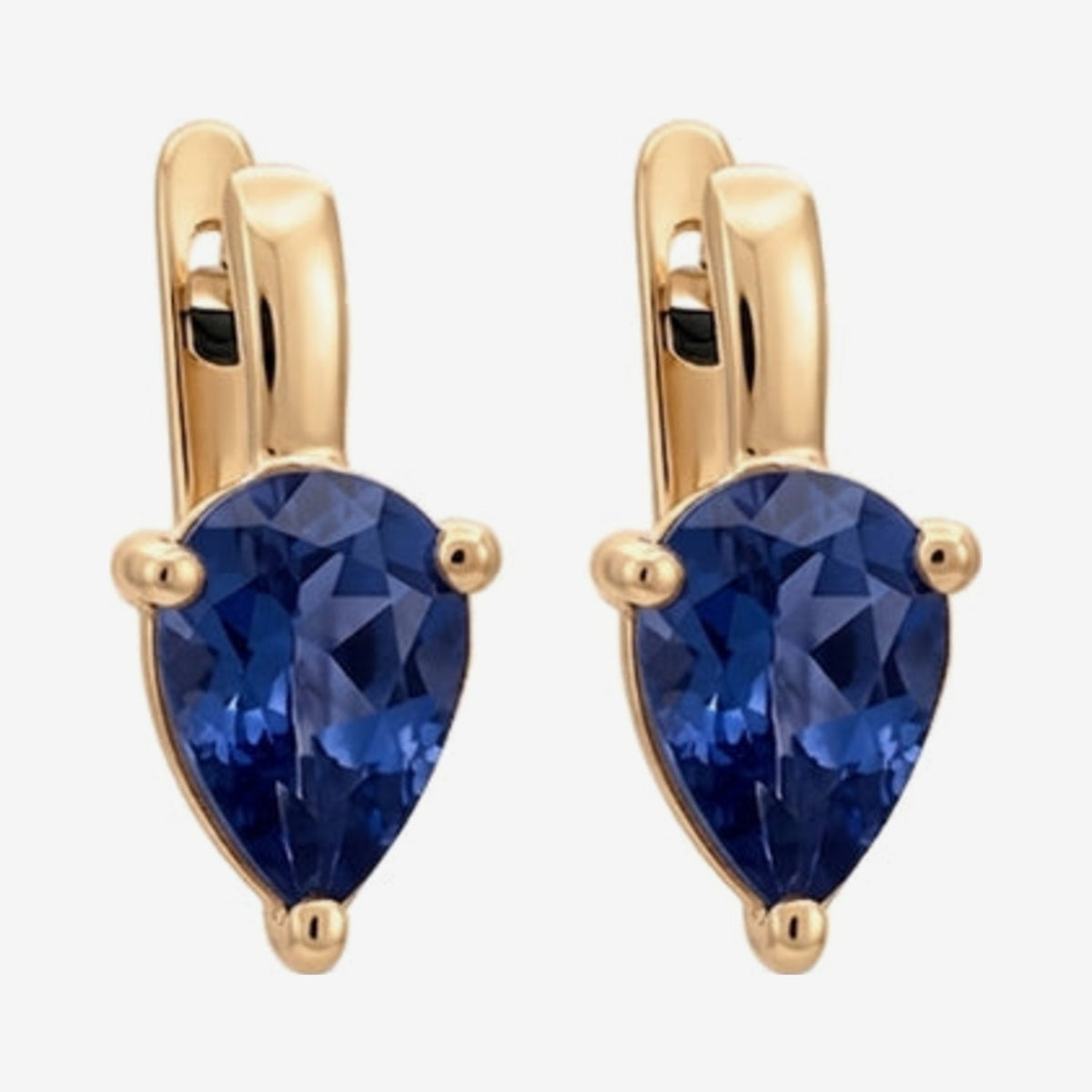 Pear-Shaped Gemstone Drop Earrings in 18K Yellow Gold with Blue Sapphire, gray background | JJ Jewelry Miami