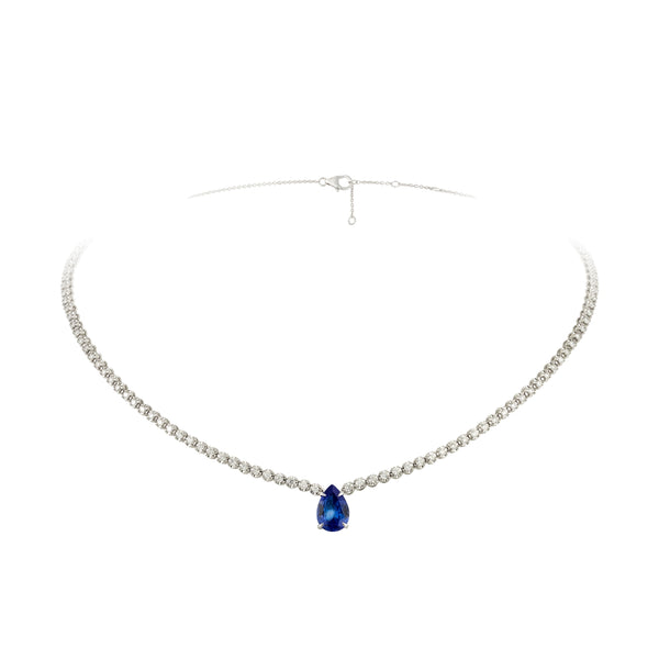 Pear Tanzanite and Diamond Necklace in 18K White Gold | JJ Jewelry Miami