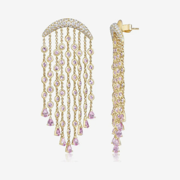 Pink Sapphire and Diamond Chandelier Earrings in 18K Yellow Gold, gray background | JJ Jewelry Miami
