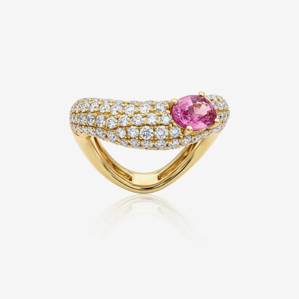 Pink Sapphire and Pavé Diamond Wave Ring in 18K Yellow Gold | JJ Jewelry
