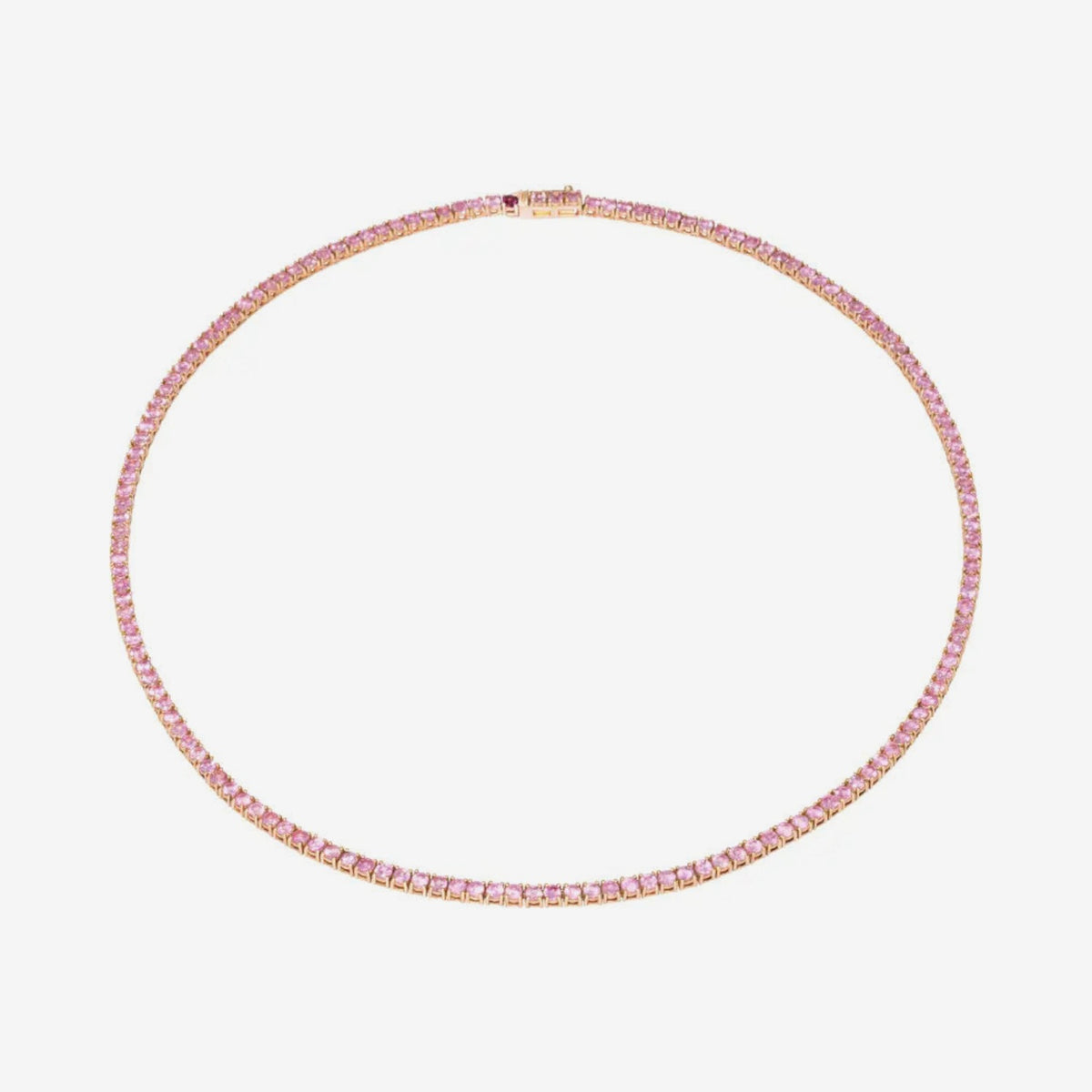 Pink Sapphire Tennis Necklace in 14K Rose Gold, 12.0 carats, gray background | JJ Jewelry Miami
