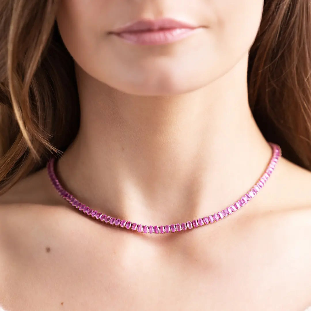 Pink Sapphire Tennis Necklace in 14K Rose Gold, view 1 | JJ Jewelry Miami
