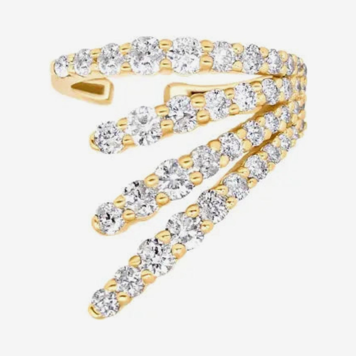 Radiant Cascade Diamond Ear Cuff in 18K Yellow Gold, gray background | JJ Jewelry Miami
