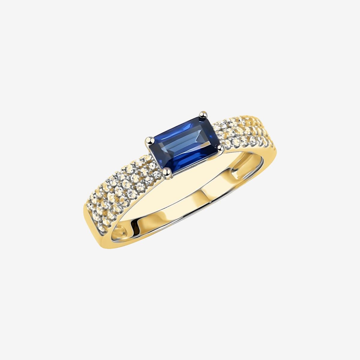 Rectangular Blue Sapphire Pavé Diamond Stackable Ring in 18K Yellow Gold | JJ Jewelry