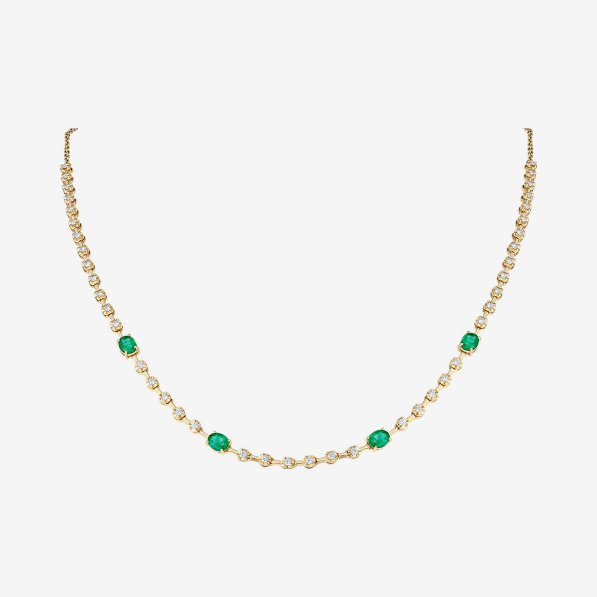 Renata Necklace with Emeralds and Diamonds in 18K Yellow Gold, gray background | JJ Jewelry Miami