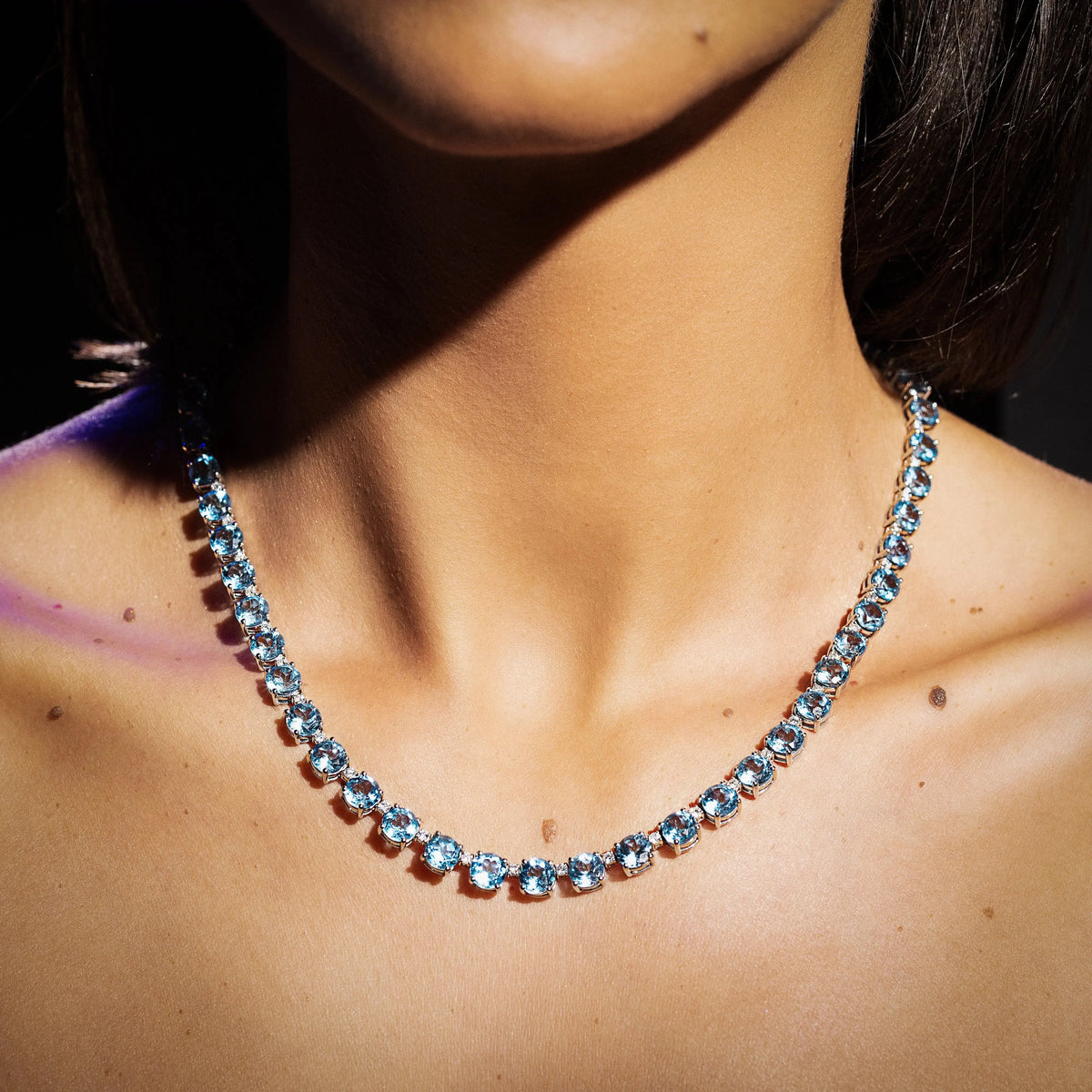 Round Blue Topaz and Diamond Strand Necklace in 18K White Gold, view 1 | JJ Jewelry Miami
