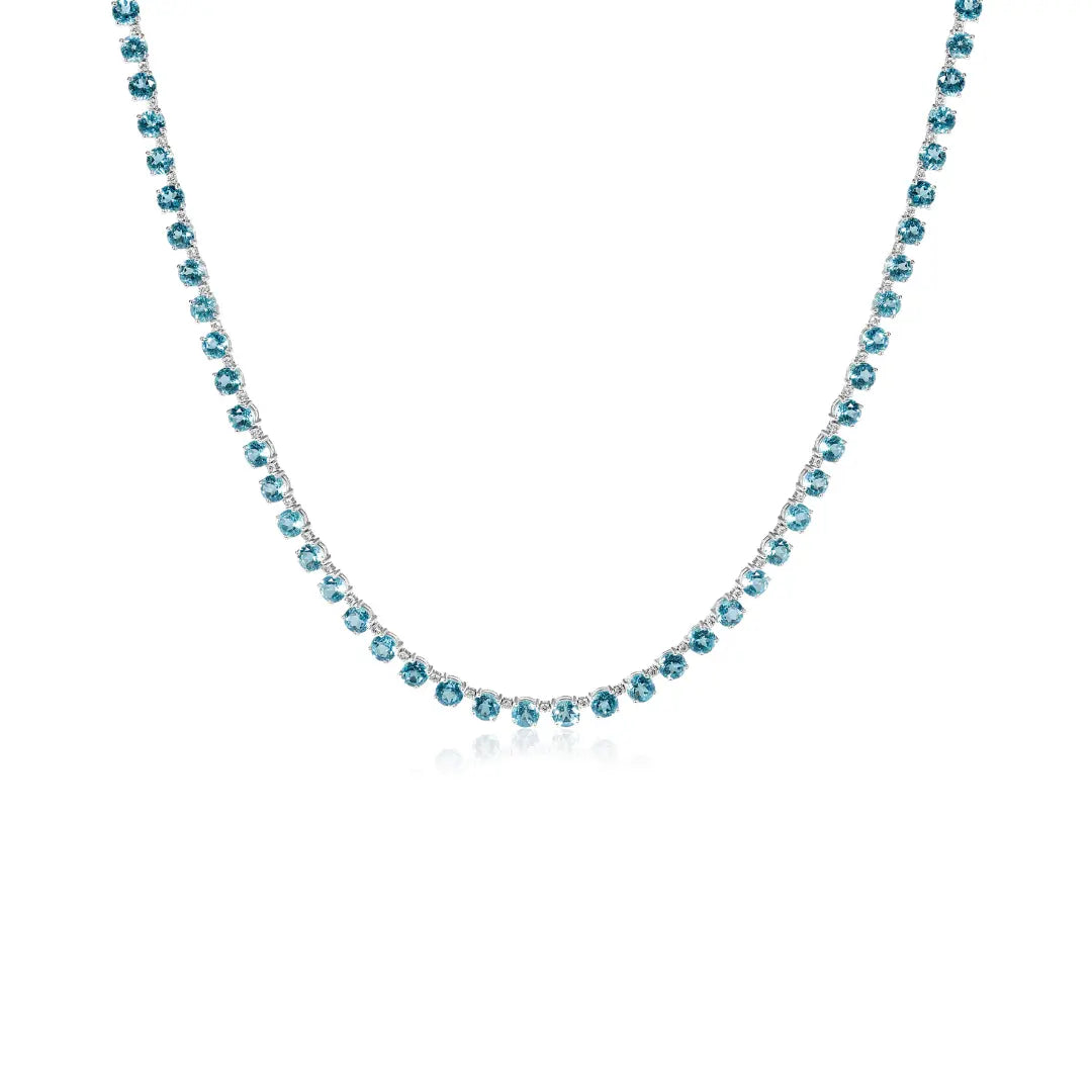 Round Blue Topaz and Diamond Strand Necklace in 18K White Gold | JJ Jewelry Miami