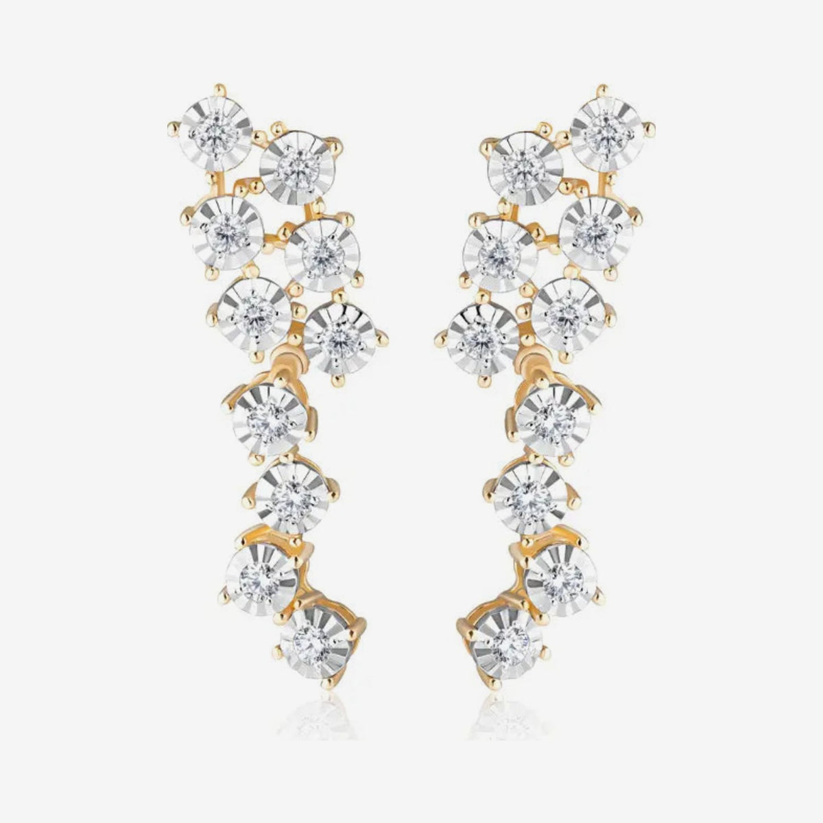 Round Brilliant Diamond Cascade Drop Earrings in 18K Yellow Gold, gray background | JJ Jewelry Miami