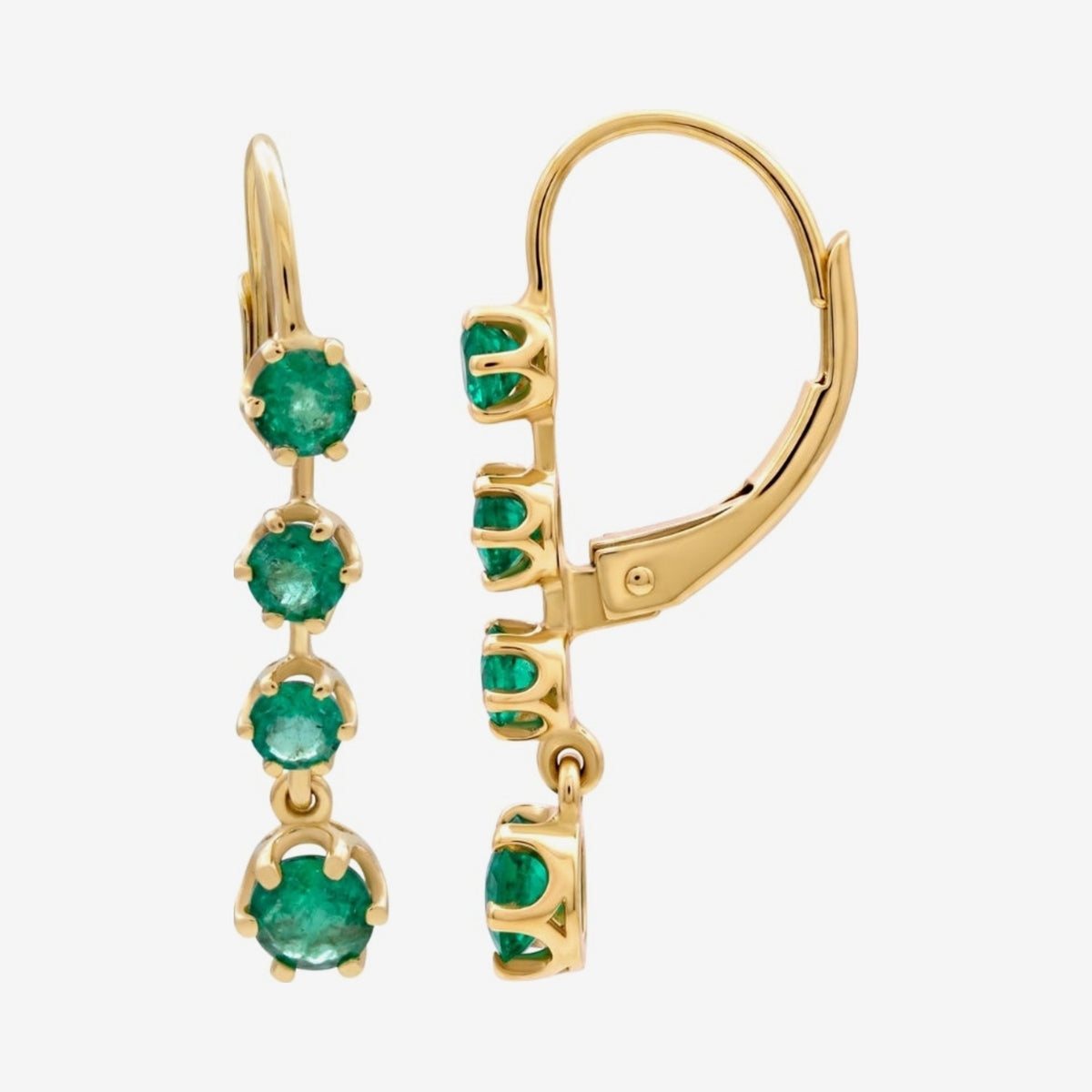 Round Gemstone Leverback Drop Earrings in 14K Yellow Gold with Emerald, gray background | JJ Jewelry Miami