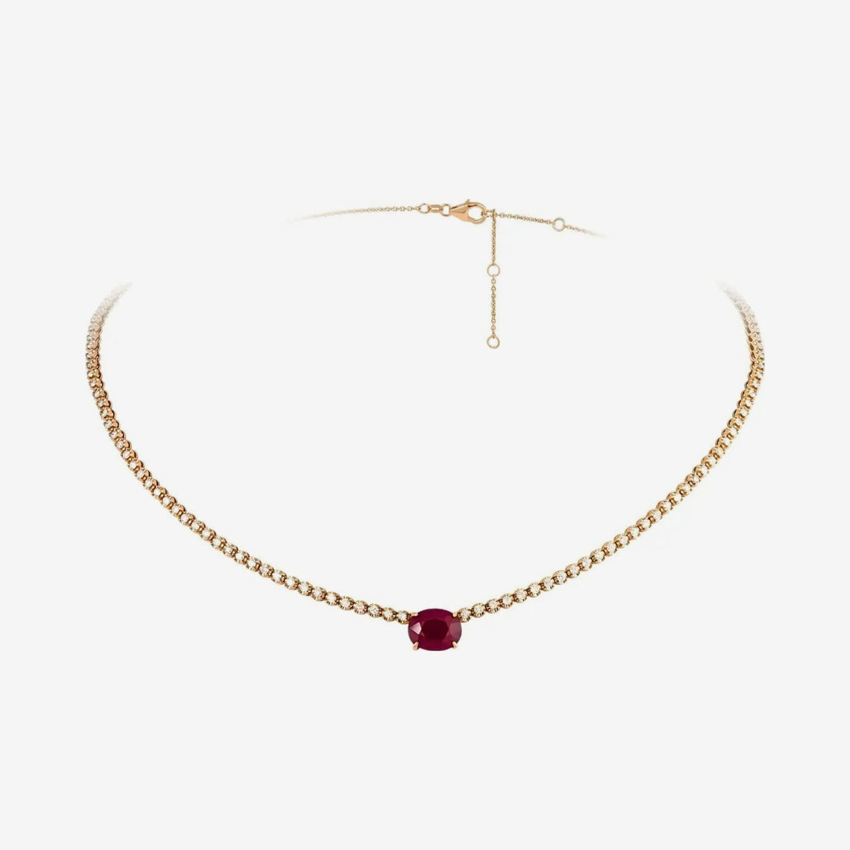Rubellite and Diamond Tennis Necklace in 18K Rose Gold, gray background | JJ Jewelry Miami