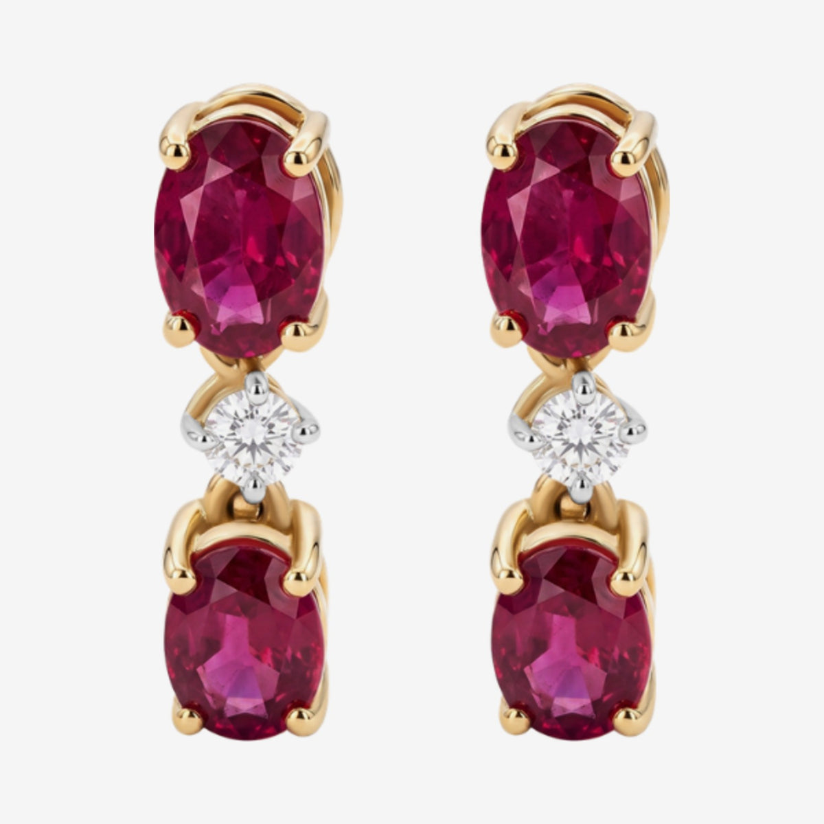 Ruby and Diamond Dancing Earrings in 14K Yellow Gold, gray background | JJ Jewelry Miami