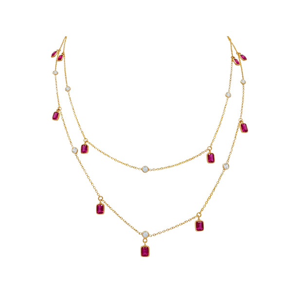 Ruby and Diamond Double Station Necklace in 14K Yellow Gold | JJ Jewelry Miami