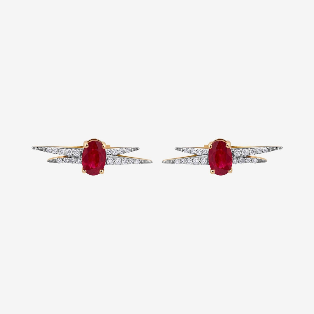 Ruby and Diamond Earrings in 14K Yellow Gold, gray background | JJ Jewelry Miami