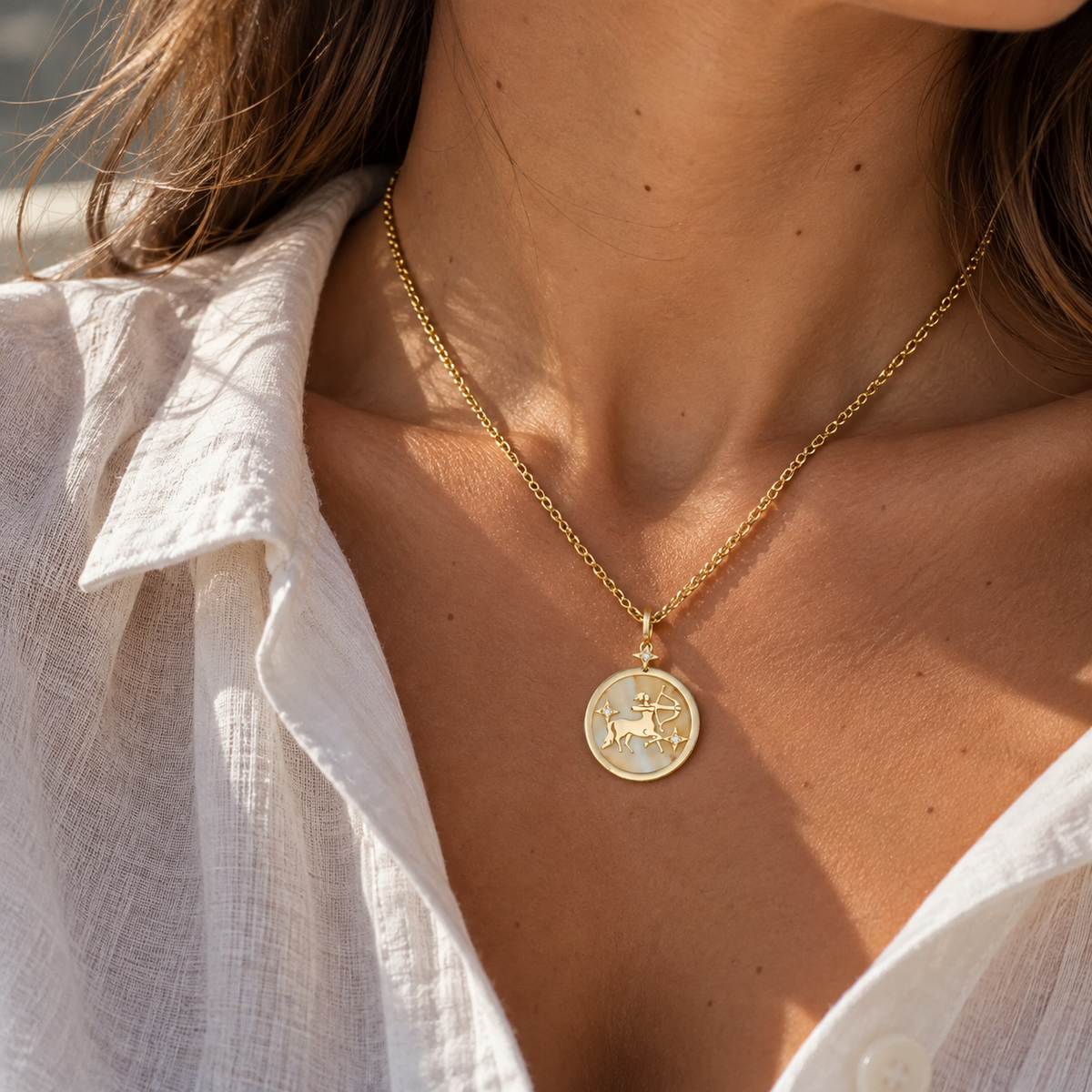 Sagittarius Zodiac Pendant in 18K Yellow Gold with Orange Quartz & Diamonds, worn on a gold chain | JJ Jewelry Miami
