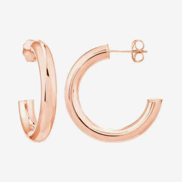 Small Classic Hoop Earrings in 14K Rose Gold, gray background | JJ Jewelry Miami
