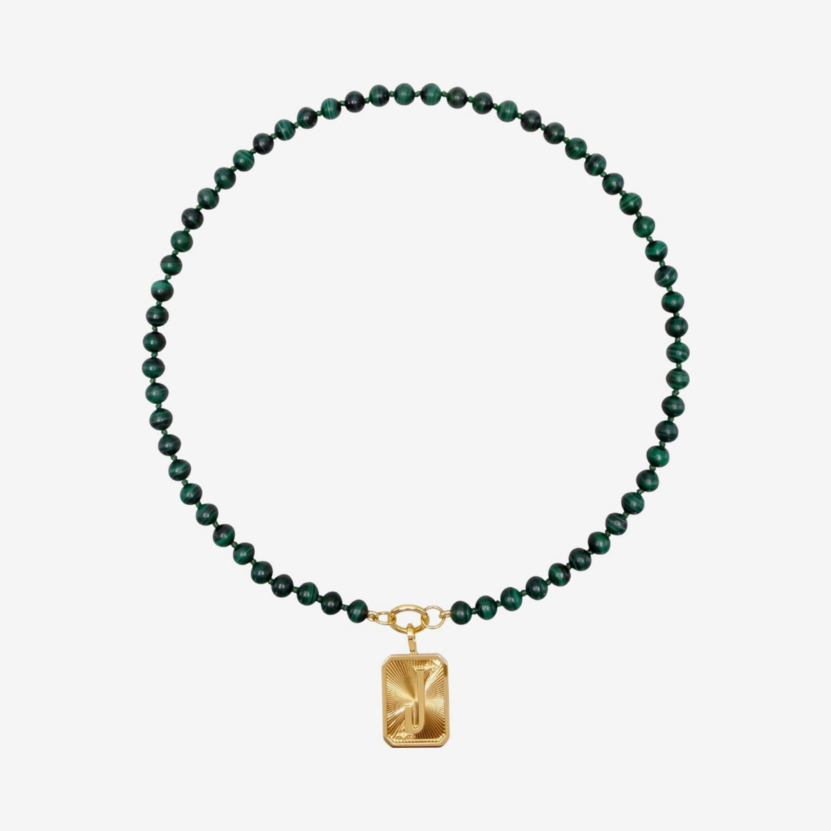 Small Malachite Bead Necklace with 14K Gold Connector, angle 2, gray background | JJ Jewelry Miami
