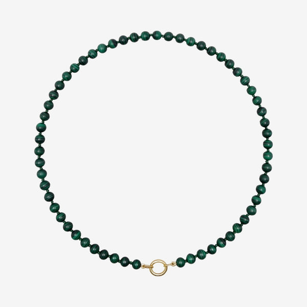 Small Malachite Bead Necklace with 14K Gold Connector, gray background | JJ Jewelry Miami