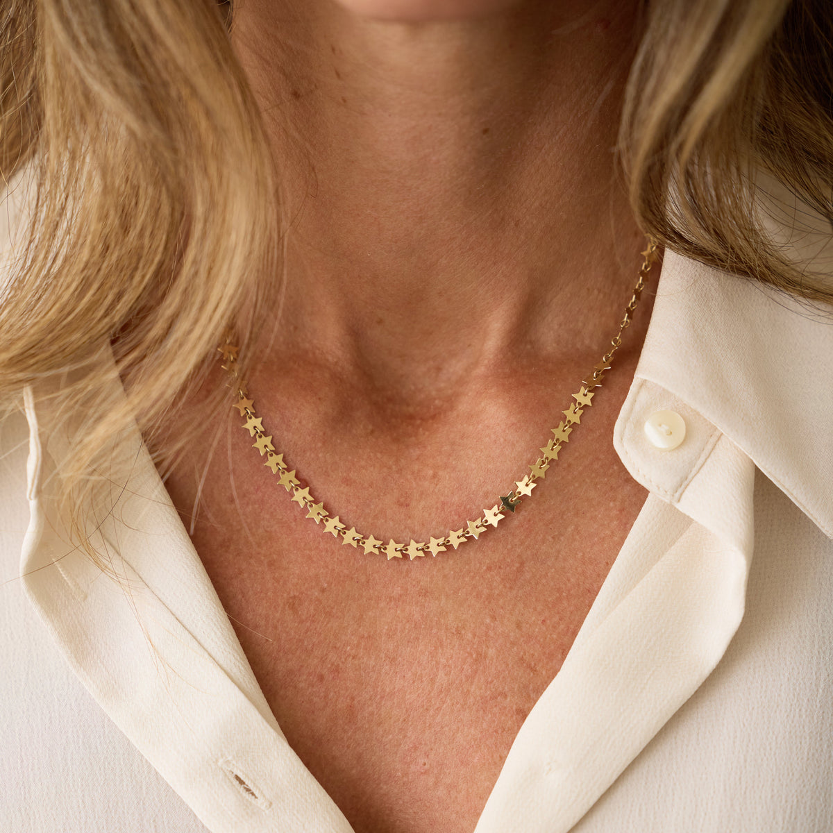 Star Station Chain Necklace in 14K Yellow Gold worn on model | JJ Jewelry Miami