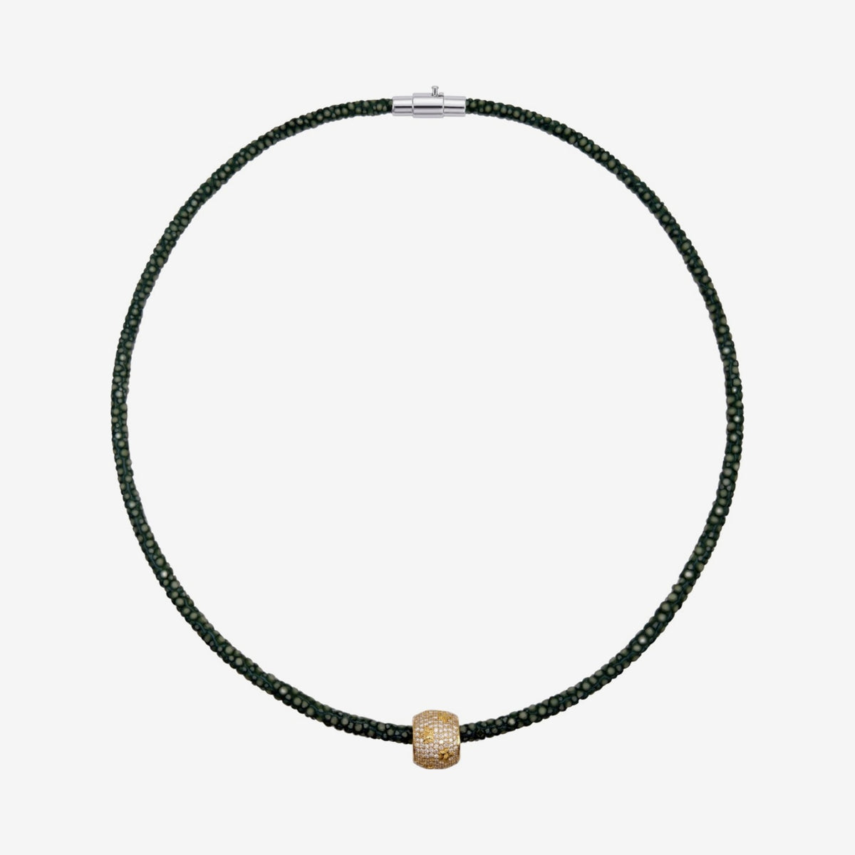 Stingray Cord Necklace with Silver Clasp, angle 9, gray background | JJ Jewelry Miami