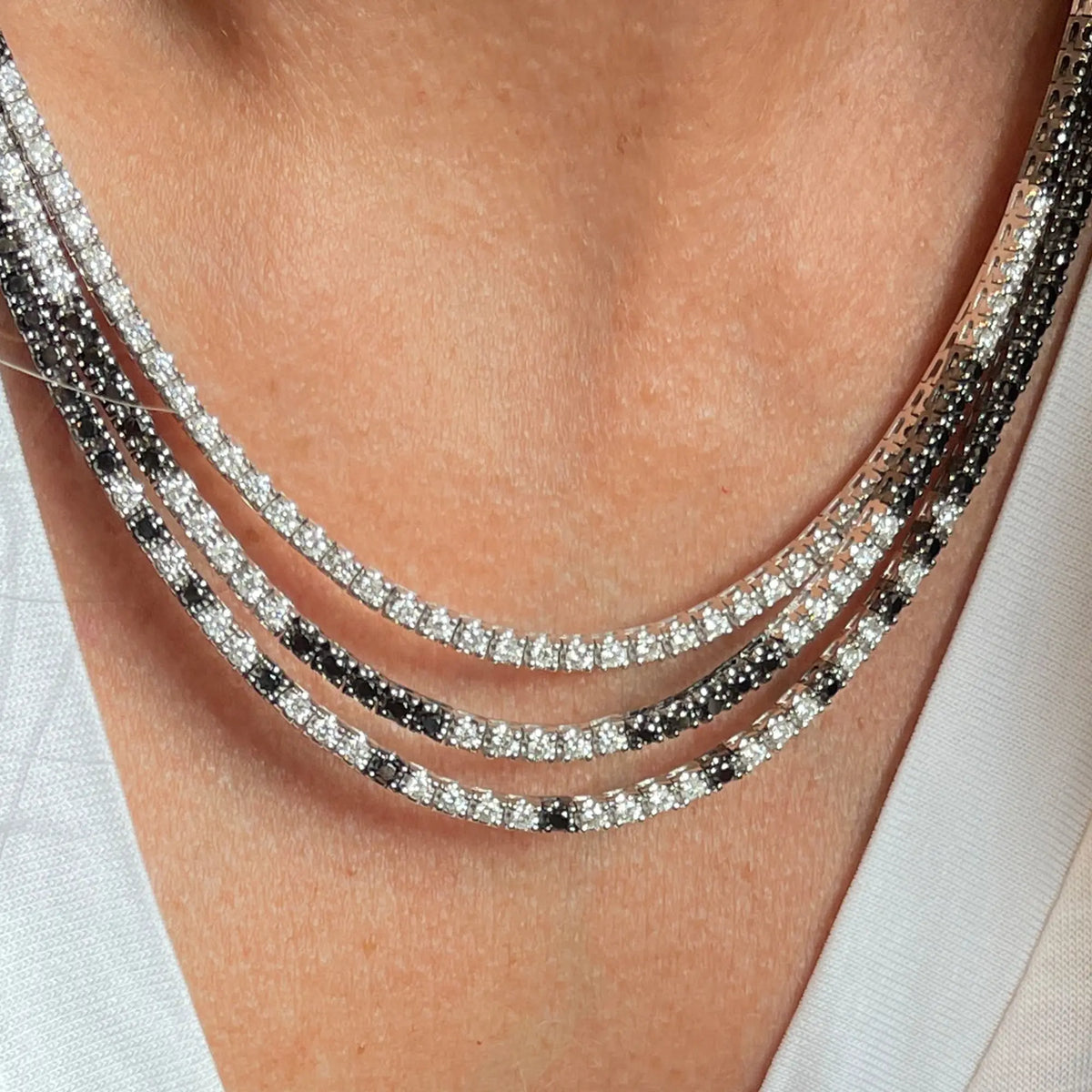 Three-Layer Black and White Diamond Tennis Necklace in 18K White Gold, view 1 | JJ Jewelry Miami
