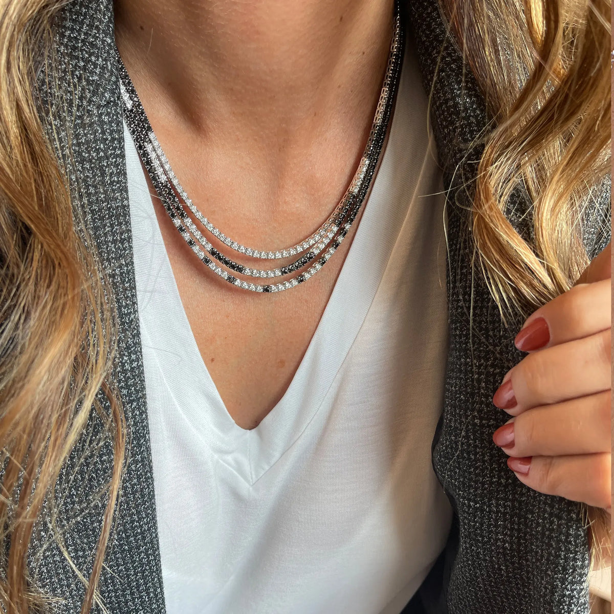Three-Layer Black and White Diamond Tennis Necklace in 18K White Gold, view 2 | JJ Jewelry Miami